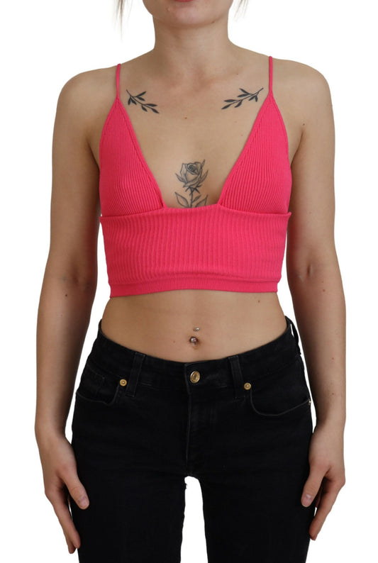 Pink Ribbed Knit Bra Cropped Spaghetti Strap Top