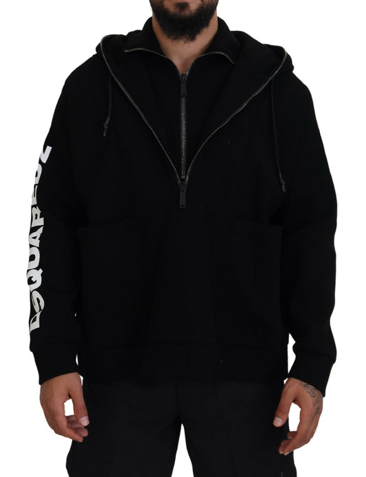 Black Hooded Printed Sleeves Double Zip Sweater