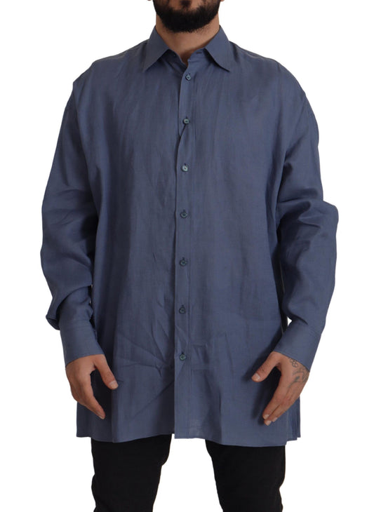 Elegant Dark Blue Linen Dress Shirt