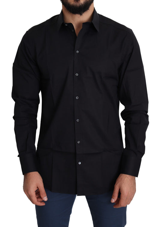 Elegant Black Cotton Stretch Dress Shirt