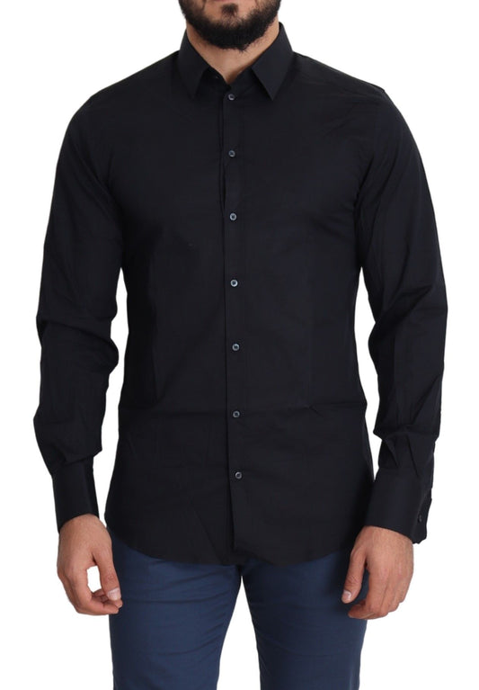 Sleek Black Slim Fit Cotton Stretch Dress Shirt