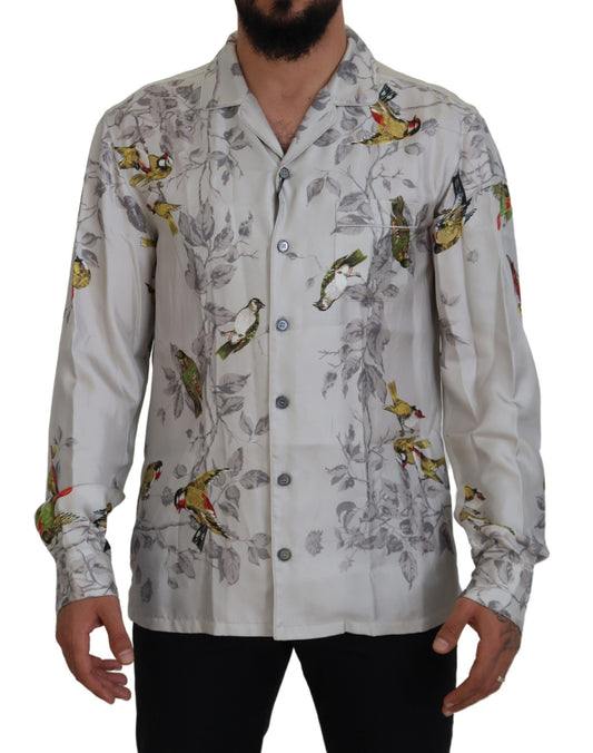 Elegant Silk Bird Print Casual Shirt