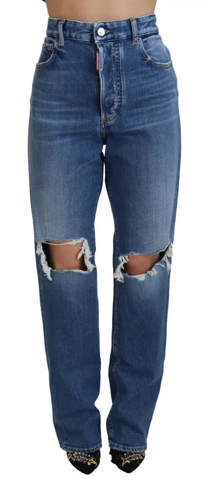 Blue Distressed High Waist Straight Denim Jeans