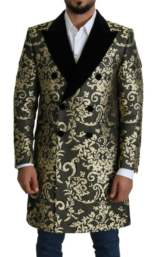 Gold Black Sicilia Jacquard Double-Breasted Coat