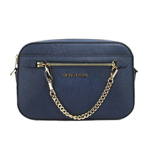 Jet Set Large East West Navy Leather Zip Chain Crossbody Bag Purse